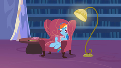 Size: 1920x1080 | Tagged: safe, artist:agrol, daring do, rainbow dash, pony, just relax and read, g4, animated at source, book, bookshelf, chair, female, lamp, looking at something, mare, reading, solo, table, youtube link