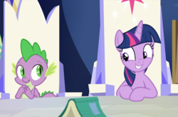 Size: 1469x963 | Tagged: safe, screencap, spike, twilight sparkle, alicorn, dragon, pony, g4, sparkle's seven, book, cropped, cute, female, friendship throne, looking at each other, male, sitting, smiling, twiabetes, twilight sparkle (alicorn), winged spike, wings