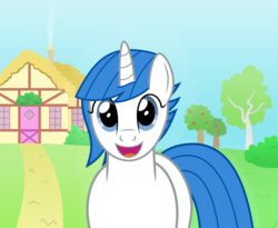 Size: 2500x2050 | Tagged: safe, artist:devfield, oc, oc only, oc:clear sky, pony, unicorn, g4, apple, bush, chimney, female, flower, food, gradient background, grass, high res, house, path, smiling, smoke, tree, window