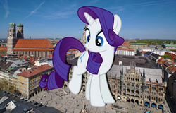 Size: 2500x1600 | Tagged: safe, artist:alexiy777, artist:theotterpony, rarity, pony, unicorn, g4, female, germany, giant pony, highrise ponies, irl, macro, mare, munich, photo, ponies in real life, solo, story included