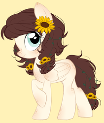 Size: 580x688 | Tagged: safe, oc, oc only, oc:daisy, pegasus, pony, female, flower, freckles, mare, solo, sunflower