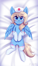 Size: 1566x2698 | Tagged: safe, artist:sonigiraldo, oc, oc only, oc:lusty symphony, pegasus, pony, blushing, body pillow, body pillow design, both cutie marks, cute, hat, lying on bed, nurse hat, silly, solo, tongue out, wings, ych result
