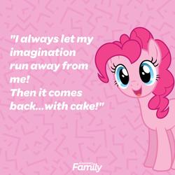 Size: 1080x1080 | Tagged: safe, artist:discoveryfamily, pinkie pie, earth pony, pony, g4, discovery family, female, imagination, pink, quote, solo