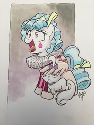 Size: 4032x3024 | Tagged: safe, artist:tony fleecs, cozy glow, opalescence, cat, pegasus, pony, g4, ace attorney, ace attorney investigations, babscon, babscon 2019, clown, clown makeup, clowny glow, collar, commission, curly mane, evil laugh, female, filly, ruff (clothing), simon keyes, tongue out
