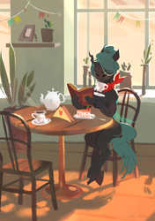 Size: 2364x3355 | Tagged: safe, artist:chi-eca, artist:hichieca, queen chrysalis, changeling, changeling queen, g4, cozy, cup, female, food, high res, reading, sitting, tea, teacup