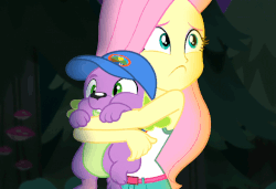 Size: 640x438 | Tagged: safe, screencap, fluttershy, spike, spike the regular dog, dog, equestria girls, g4, legend of everfree, :<, animated, camp everfree outfits, clothes, cute, gif, hug, scared, shyabetes, sleeveless, tank top