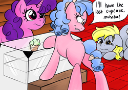 Size: 1748x1240 | Tagged: safe, artist:stammis, cozy glow, derpy hooves, sugar belle, pony, unicorn, g4, abuse, blank flank, butt, cozy glutes, cupcake, derpybuse, dialogue, everything is ruined, female, floppy ears, food, older, older cozy glow, plot, pure concentrated unfiltered evil of the utmost potency, pure unfiltered evil, sad eyes, trio, trio female, wingless, you monster