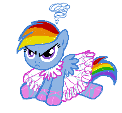 Size: 243x225 | Tagged: artist needed, safe, rainbow dash, pegasus, pony, g4, angry, clothes, cute, dashabetes, dress, female, madorable, rainbow dash always dresses in style, shoes, simple background, sitting, solo, tutu, white background