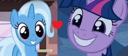 Size: 448x198 | Tagged: safe, edit, edited screencap, screencap, trixie, twilight sparkle, pony, a canterlot wedding, all bottled up, g4, cropped, cute, diatrixes, female, lesbian, ship:twixie, shipping, shipping domino, smiling, twiabetes