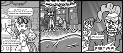 Size: 1000x437 | Tagged: safe, artist:madmax, pinkie pie, spike, twilight sparkle, dragon, human, pony, unicorn, g4, baby, baby dragon, clothes, comic, female, frankenstein, frankenstein's monster, goggles, grayscale, igor, in the name of science, it's alive!, lab coat, male, mare, monochrome, science, unicorn twilight