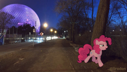 Size: 780x439 | Tagged: safe, artist:tardifice, edit, pinkie pie, earth pony, pony, g4, biosphere (montréal), irl, lamp, montreal, photo, ponies in real life, sauvons le mini-cheval, tree
