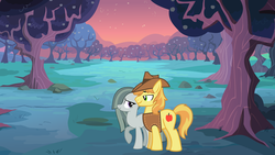 Size: 2064x1161 | Tagged: safe, braeburn, marble pie, pony, g4, apple orchard, braeble, evening, female, looking at each other, male, shipping, straight, walking