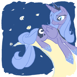 Size: 700x700 | Tagged: safe, princess luna, alicorn, pony, g4, crescent moon, female, looking back, lying down, mare, moon, night, s1 luna, solo, tangible heavenly object, transparent moon