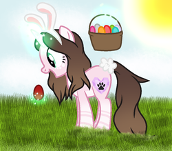 Size: 1000x876 | Tagged: safe, artist:cindystarlight, oc, oc only, oc:cindy, pony, unicorn, basket, bunny ears, easter egg, female, glowing horn, horn, magic, mare, open mouth, paw prints, smiling, solo, telekinesis, unicorn oc