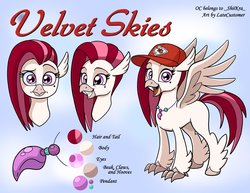 Size: 2048x1583 | Tagged: safe, artist:latecustomer, oc, oc only, oc:velvet skies, hippogriff, adoraskies, confused, cute, kansas city chiefs, reference sheet, smiling