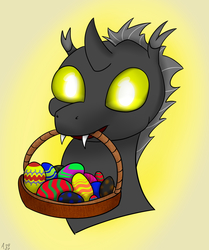 Size: 2203x2634 | Tagged: safe, artist:atomfliege, derpibooru exclusive, oc, oc only, oc:warplix, changeling, basket, bust, changeling oc, easter basket, easter egg, high res, simple background, yellow background, yellow changeling, yellow eyes
