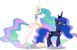 Size: 6234x4038 | Tagged: safe, artist:frownfactory, princess celestia, princess luna, alicorn, pony, g4, sparkle's seven, .svg available, absurd resolution, crown, duo, duo female, eye contact, faic, female, folded wings, grin, horn, horseshoes, jewelry, looking at each other, looking at someone, mare, peytral, regalia, royal sisters, shadow, siblings, simple background, sisters, smiling, smiling at each other, smirk, svg, transparent background, vector, wings