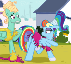 Size: 890x797 | Tagged: safe, artist:sallycars, rainbow dash, zephyr breeze, pegasus, pony, g4, sparkle's seven, alternate hairstyle, butt, clothes, dress, female, makeup, male, mare, megaradash, plot, ripping clothes, royal guard zephyr breeze, ship:zephdash, shipping, stallion, straight