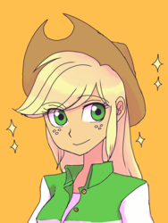 Size: 2448x3264 | Tagged: safe, artist:haibaratomoe, applejack, equestria girls, g4, clothes, cowboy hat, female, hat, high res, simple background, smiling, solo, stetson
