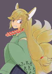 Size: 1800x2553 | Tagged: safe, artist:haibaratomoe, applejack, human, kitsune, original species, g4, appbackgroundlejack, beads, clothes, cute, eared humanization, eye clipping through hair, female, humanized, jackabetes, jewelry, necklace, purple background, simple, simple background, solo, suikan, tailed humanization