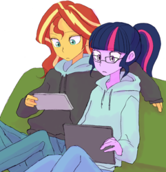 Size: 2242x2322 | Tagged: safe, artist:haibaratomoe, sci-twi, sunset shimmer, twilight sparkle, equestria girls, g4, clothes, couch, duo, female, glasses, high res, hoodie, pants, simple background, sweater, white background