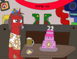 Size: 3288x2550 | Tagged: safe, artist:supahdonarudo, oc, oc only, oc:ironyoshi, alcohol, apple cider, arcade game, banner, birthday, cake, clothes, clown, depressed, depression, food, hat, high res, noisemaker, pizza, play place, shirt, sitting, table, television, text