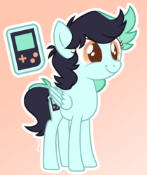 Size: 976x1163 | Tagged: safe, artist:glowfangs, oc, oc only, oc:speed run, pegasus, pony, base used, female, game boy, magical lesbian spawn, offspring, parent:rainbow dash, parent:songbird serenade, solo, teenager