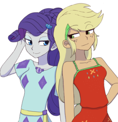 Size: 2227x2295 | Tagged: safe, artist:haibaratomoe, applejack, rarity, equestria girls, equestria girls series, g4, spring breakdown, spoiler:eqg series (season 2), clothes, cute, duo, female, freckles, geode of shielding, high res, jackabetes, lesbian, magical geodes, raribetes, ship:rarijack, shipping, simple background, smiling, white background
