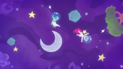 Size: 2100x1174 | Tagged: safe, screencap, gummy, pinkie pie, alligator, earth pony, pony, g4, sparkle's seven, astronaut pinkie, crescent moon, duo, female, floating, helmet, male, mare, moon, space, spacesuit, stars, tree