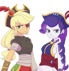 Size: 1500x1552 | Tagged: safe, artist:haibaratomoe, applejack, rarity, equestria girls, g4, my little pony: the movie, clothes, cute, duo, ear piercing, earring, eyepatch, female, hat, index get, jackabetes, jewelry, lesbian, looking at you, palindrome get, piercing, pirate, pirate applejack, pirate hat, pirate rarity, raribetes, ship:rarijack, shipping