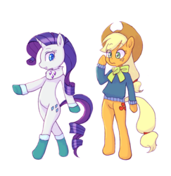 Size: 2448x2514 | Tagged: safe, artist:haibaratomoe, applejack, rarity, semi-anthro, g4, arm hooves, bipedal, clothes, cute, duo, female, high res, jackabetes, lesbian, looking at you, raribetes, ship:rarijack, shipping, simple background, sweater, white background, winter outfit
