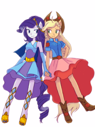 Size: 1500x2000 | Tagged: safe, artist:haibaratomoe, applejack, rarity, equestria girls, equestria girls series, g4, rollercoaster of friendship, clothes, cute, dress, duo, female, holding hands, jackabetes, lesbian, looking at each other, ponied up, pony ears, raribetes, ship:rarijack, shipping, super ponied up