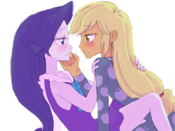 Size: 2048x1535 | Tagged: safe, artist:haibaratomoe, applejack, rarity, equestria girls, g4, blushing, clothes, cute, duo, eye contact, female, imminent kissing, jackabetes, lesbian, looking at each other, love, pajamas, raribetes, ship:rarijack, shipping, simple background, white background