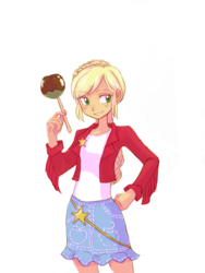 Size: 2448x3264 | Tagged: safe, artist:haibaratomoe, applejack, equestria girls, g4, alternate hairstyle, caramel apple (food), clothes, female, freckles, high res, simple background, solo, white background