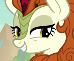 Size: 960x800 | Tagged: safe, screencap, autumn blaze, kirin, g4, sounds of silence, cropped, female, grin, lidded eyes, smiling, solo