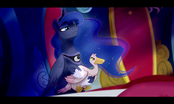 Size: 5000x3000 | Tagged: safe, artist:rutkotka, princess luna, alicorn, bird, goose, pony, g4, sparkle's seven, angry, animal, eyebrows, eyebrows visible through hair, female, holding, hooves, lidded eyes, looking down, luna petting goose, redraw, scene, scene interpretation, solo