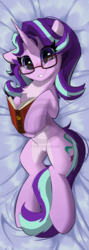 Size: 1506x4222 | Tagged: safe, artist:rileyisherehide, starlight glimmer, pony, unicorn, g4, alternate design, blushing, body pillow, body pillow design, book, chest fluff, cute, female, floppy ears, glasses, glimmerbetes, human shoulders, looking at you, mare, obtrusive watermark, pale belly, reading glasses, solo, watermark