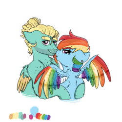 Size: 1500x1500 | Tagged: safe, artist:toxstaxes, rainbow dash, zephyr breeze, pegasus, pony, g4, :p, boop, bust, chest fluff, color palette, colored wings, ear fluff, ear piercing, female, leg fluff, male, multicolored wings, noseboop, piercing, ship:zephdash, shipping, shoulder fluff, silly, simple background, spread wings, straight, tongue out, two toned wings, white background, wing fluff, wings