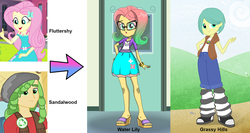 Size: 1576x840 | Tagged: safe, artist:silverbuller, fluttershy, sandalwood, oc, oc:grassy hills, oc:water lily, equestria girls, g4, my little pony equestria girls, my little pony equestria girls: better together, 1000 hours in ms paint, female, geode of fauna, magical geodes, male, next generation, offspring, parent:fluttershy, parent:sandalwood, parents:sandalshy, sandalshy, shipping, straight