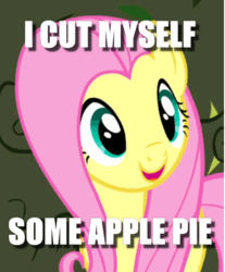 Size: 429x519 | Tagged: safe, edit, edited screencap, screencap, fluttershy, pony, g4, the return of harmony, bait and switch, caption, cropped, female, image macro, painfully innocent fluttershy, paraprosdokian, solo, text