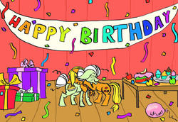 Size: 1024x703 | Tagged: safe, artist:superdashiebros, applejack, granny smith, earth pony, pony, g4, banner, birthday, cake, confetti, cupcake, food, happy birthday, hug, present