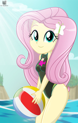 Size: 514x808 | Tagged: safe, artist:charliexe, fluttershy, equestria girls, g4, my little pony equestria girls: better together, adorasexy, beach, beach ball, clothes, cute, female, fluttershy's one-piece swimsuit, geode of fauna, high-cut clothing, magical geodes, ocean, one-piece swimsuit, sexy, shyabetes, smiling, solo, stupid sexy fluttershy, swimsuit