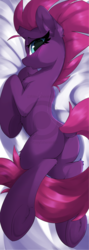 Size: 1506x4222 | Tagged: safe, artist:rileyisherehide, tempest shadow, pony, unicorn, g4, bed, blushing, body pillow, body pillow design, broken horn, butt, chest fluff, dock, ear fluff, eye scar, female, floppy ears, horn, leg fluff, lightly watermarked, looking at you, looking back, looking back at you, lying down, mare, on bed, patreon, patreon logo, plot, presenting, prone, raised tail, rear view, scar, solo, tail, watermark