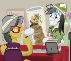 Size: 3952x3376 | Tagged: safe, artist:frist44, a.k. yearling, daring do, oc, oc:dreamy daze, pony, g4, autograph, body pillow, book, convention, daring daki, daring do book, daring do cosplay, daring do costume, glasses, hat, high res, laughing, marker, pith helmet