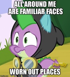 Size: 500x549 | Tagged: safe, edit, edited screencap, screencap, spike, dragon, g4, sparkle's seven, caption, clothes, costume, cropped, dangerous mission outfit, denied, discovery family logo, goggles, hoodie, hug denied, image macro, lyrics, mad world, male, rejected, rejection, sad, solo, text