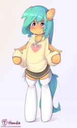 Size: 1066x1755 | Tagged: safe, artist:hoodie, oc, oc only, oc:mango foalix, pegasus, semi-anthro, arm hooves, bipedal, blushing, clothes, cute, female, heart, hoodie, mare, miniskirt, moe, pleated skirt, skirt, socks, solo, thigh highs