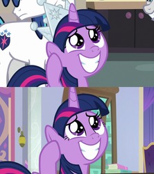 Size: 1920x2160 | Tagged: safe, screencap, shining armor, twilight sparkle, twilight velvet, alicorn, pony, unicorn, g4, sparkle's seven, comparison, crown, cute, eye shimmer, female, filly, filly twilight sparkle, hard-won helm of the sibling supreme, proud, twiabetes, twilight sparkle (alicorn), unicorn twilight, younger