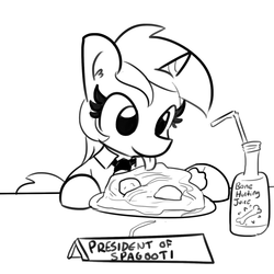 Size: 1280x1280 | Tagged: safe, artist:tjpones, lyra heartstrings, pony, g4, 30 minute art challenge, black and white, bone hurting juice, cute, female, food, grayscale, licking, mlem, monochrome, necktie, pasta, silly, solo, spaghetti, spagoots, tongue out