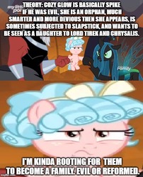 Size: 500x618 | Tagged: safe, edit, edited screencap, screencap, cozy glow, lord tirek, queen chrysalis, centaur, changeling, changeling queen, pegasus, pony, g4, the beginning of the end, cozy glow is not amused, evil lair, female, filly, foal, grogar's lair, lair, speculation, theory