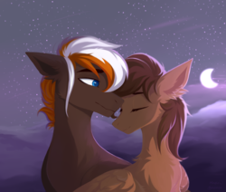 Size: 2361x2000 | Tagged: safe, artist:magicbalance, oc, oc only, oc:wiley waves, earth pony, pegasus, pony, chest fluff, cloud, colored pupils, couple, cute, ear fluff, eyes closed, floppy ears, gay, high res, male, moon, night, night sky, oc x oc, shipping, sky, stallion, stars, wings